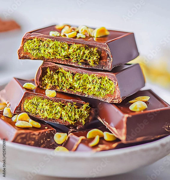 Fototapeta Dubai chocolate is a dessert made with milk chocolate, fried kadaifi dough, and pistachio paste