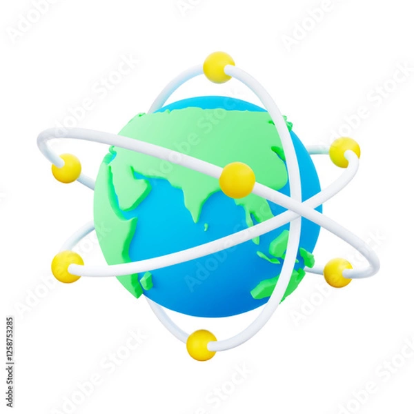 Obraz 3d cartoon Earth with white orbits and yellow spheres for global connections, networking, communications or international business. Globe with green continents and blue ocean. 3d Vector illustration.