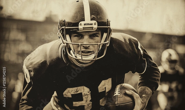 Fototapeta American football player, vintage old photo, generated ai 