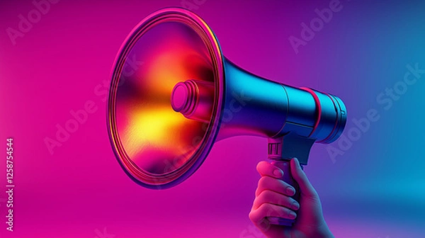 Fototapeta Futuristic metallic neon megaphone held in hand with glowing vibrant pink and blue lighting in modern 3D digital illustration and artistic technology communication concept