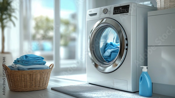 Fototapeta Modern front-loading washing machine with blue towels in bright laundry room interior, clean home appliance with detergent bottles and wicker baskets for organization concept
