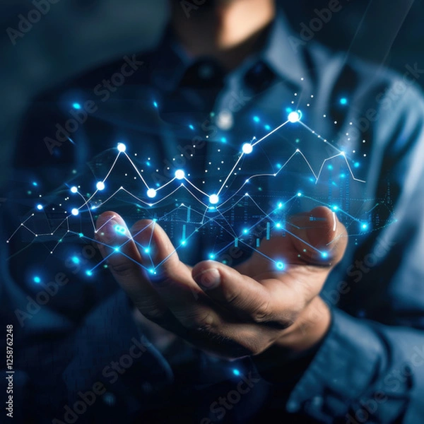 Fototapeta Businessman holding a glowing digital financial chart with an upward arrow symbolizing investment growth and profitability  
