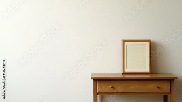 Fototapeta Wooden Table With Mirror Frame Against Light Wall