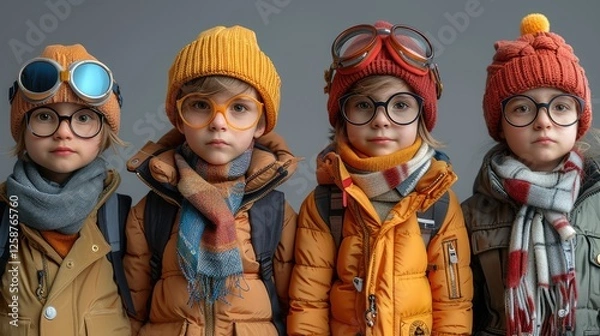 Fototapeta Four children in winter clothes, wearing glasses and hats, standing in a row against a gray background.