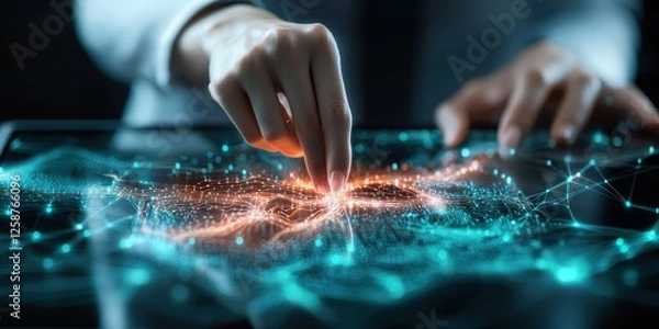 Obraz business startup with expansion. A hand interacts with a digital interface displaying glowing connections and data points.