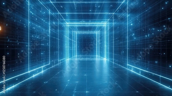 Fototapeta Digital Corridor Data Flowing, Futuristic Space, Abstract Background, Tech Concept