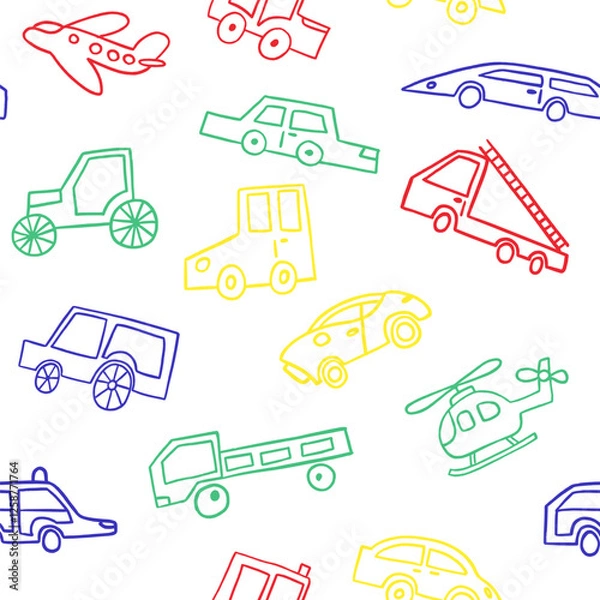 Fototapeta Seamless vector pattern with cars. Hand draw funny cars in sketch style. Naive childish style. Doodle style line art. Drawing for children's textiles with cars and vehicles for boys.