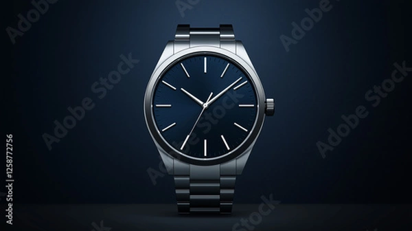 Fototapeta Elegant luxury stainless steel wristwatch with a sleek blue dial and minimalist design, set against a dark background, representing sophistication, timepiece excellence, precision, and style