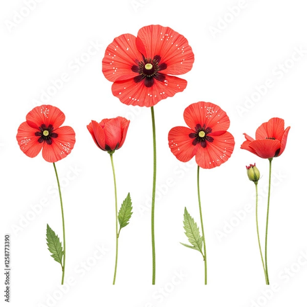 Obraz Image of six red poppies, various stages of bloom, cut out on a black background.