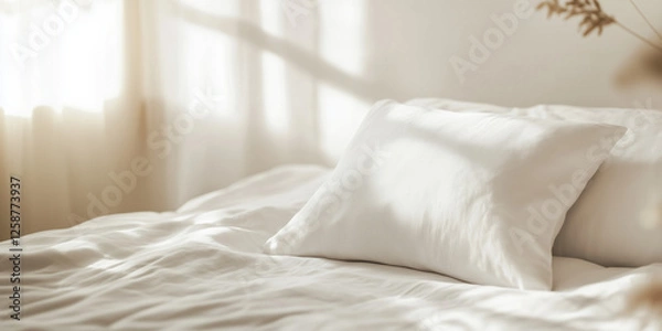 Obraz Clean and fresh bedding with white pillows on design bed in bedroom. Modern interior and household.