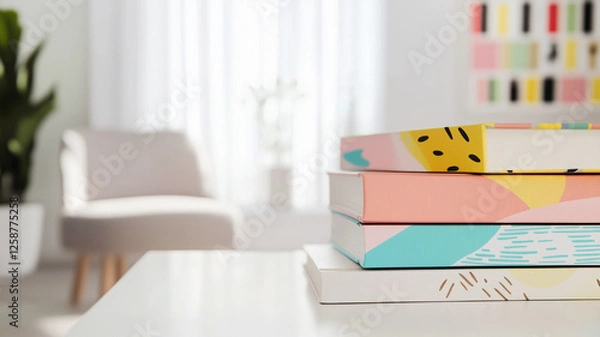 Fototapeta Stack of colorful notebooks on white desk in bright modern room with abstract wall art