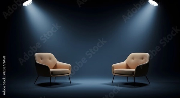 Fototapeta Two Armchairs Under Spotlights in a Minimalist Dark Studio Setting