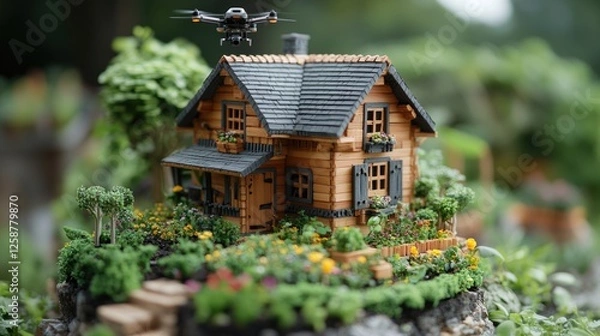 Obraz Drone inspecting miniature log cabin garden