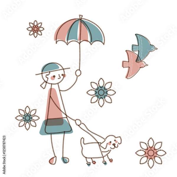 Obraz cute vector clipart of a young girl holding parasol with a happy dog / flowers and birds /  dotted line drawing / doodle	
