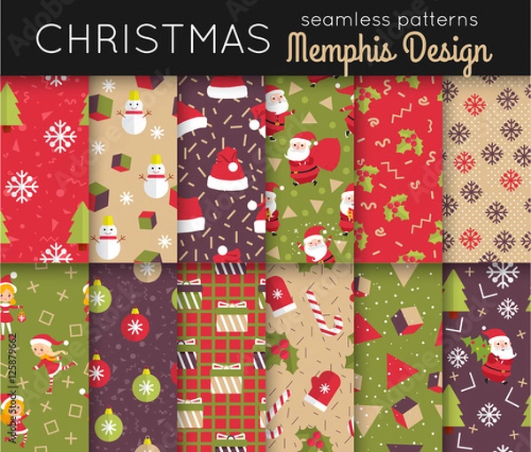 Fototapeta Set of christmas seamless patterns with christmas signs and symbols, with elements of the trend memphis style. Vector illustration eps10 format.