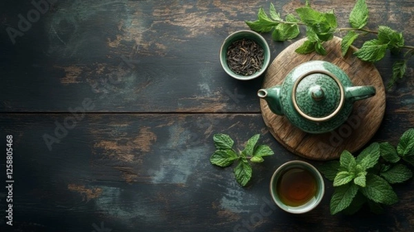Fototapeta Aromatic Mint Tea Still Life: Serene Green Teapot, Cup, and Fresh Mint on Rustic Wooden Surface, evoking Calmness and Herbal Refreshment.