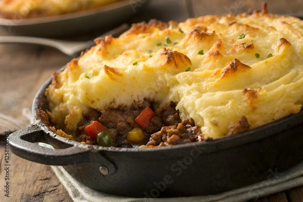 Obraz A savory shepherd's pie featuring a golden mashed potato topping and a rich meat filling with vegetables in a rustic skillet.