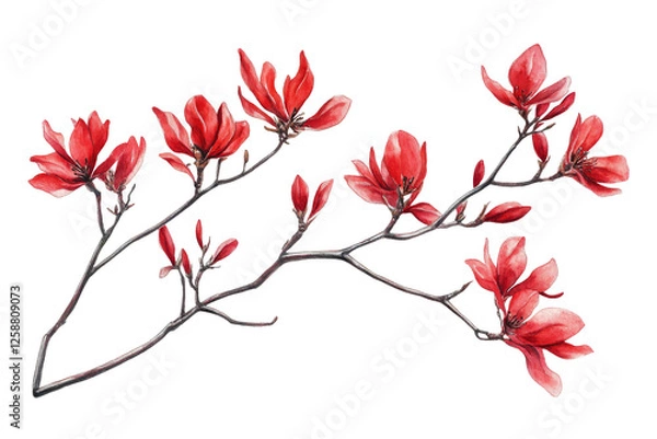 Fototapeta Watercolor of deep red magnolia flower blossoms on branch isolated on transparent background