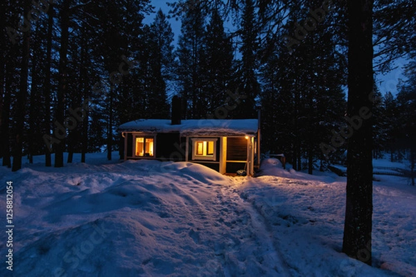 Fototapeta Cozy wooden cabin in a snow-covered forest in the north of Sweden, Kiruna