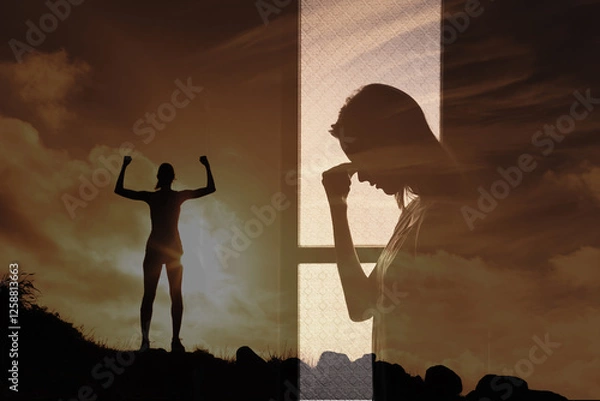 Obraz Woman suffering from depression,  sadness, mental health, difficulties, finding strength, courage over coming fear 