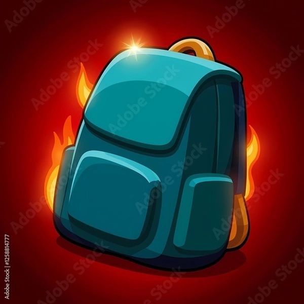 Obraz An glowing image of a teal backpack with a matte finish. The background is a fiery red color, adding depth and contrast.