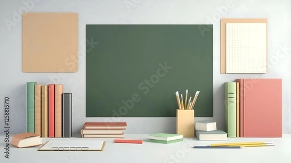 Fototapeta Organized Classroom Desk with Chalkboard and Books