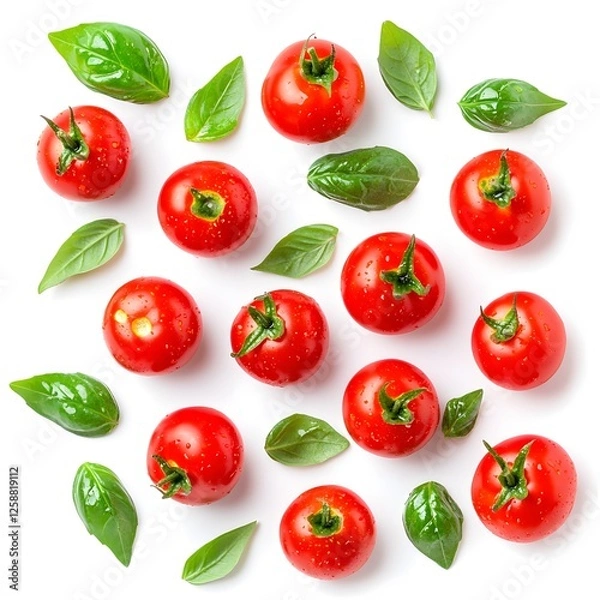Fototapeta Fresh Red Cherry Tomatoes and Basil Leaves Pattern