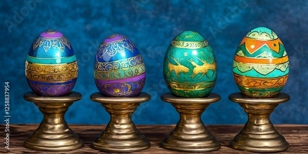 Fototapeta Decorative Easter Eggs on Brass Stands Teal Background