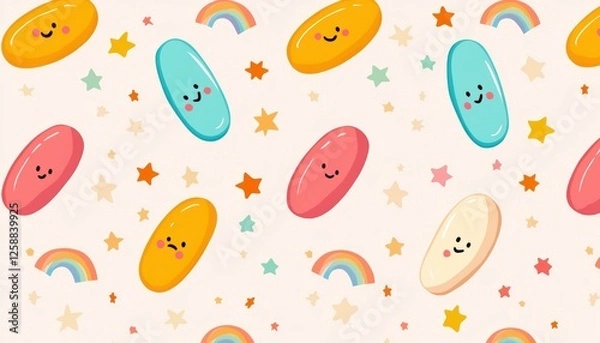 Fototapeta A playful pattern featuring colorful, smiling jelly beans, stars, and rainbows on a light background, creating a cheerful and whimsical aesthetic.