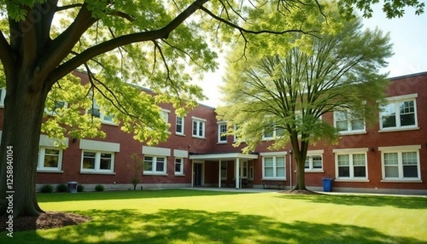 Fototapeta Schoolyard trees in bright sunlight, showcasing greenery and architecture