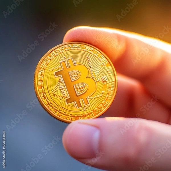 Fototapeta close up of hand holding bitcoin coin