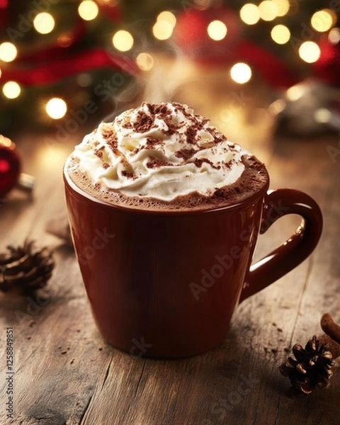 Obraz Cozy Close-Up of a Steaming Cup of Hot Chocolate with Blurred Background for Winter-Themed Campaigns