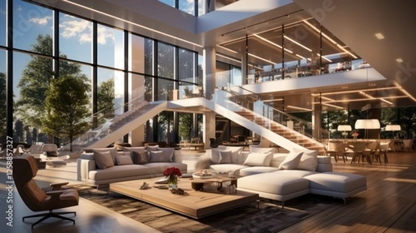 Fototapeta Modern Luxury Home Interior Design: Spacious Open Plan Living Area with Floor-to-Ceiling Windows