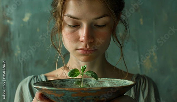 Fototapeta A serene close-up of a young woman holding a bowl with a small plant. She gazes down with a calm expression, surrounded by soft lighting that emphasizes the plant's growth.