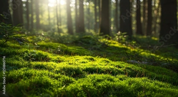Fototapeta Sunlight Streaming Through Forest Canopy Illuminating Lush Green Moss