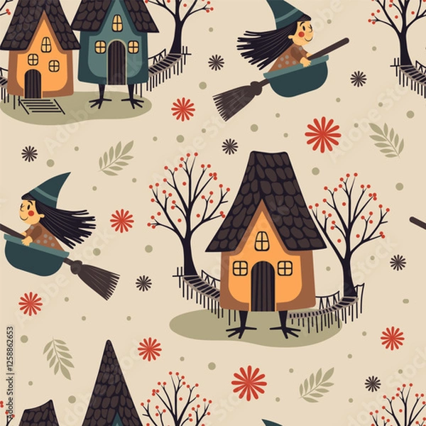 Fototapeta a little witch flies on a broom against the backdrop of houses. seamless vector pattern