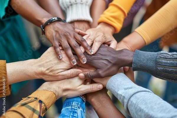 Fototapeta Diverse Business Professionals Joining Hands in Unity and Collaboration in an Office Setting