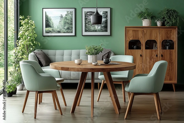 Fototapeta Mint color chairs at round wooden dining table in room with sofa and cabinet near green wall. Scandinavian, mid-century home interior design of modern living room