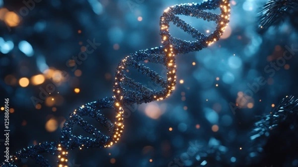 Fototapeta Mysterious strand of glowing DNA shimmering in a dark, ethereal environment filled with blue and gold lights