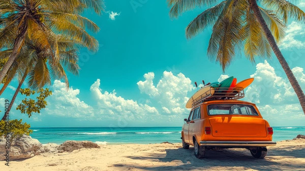 Obraz Bright orange vintage car parked on a sunny beach with surfboards under palm trees