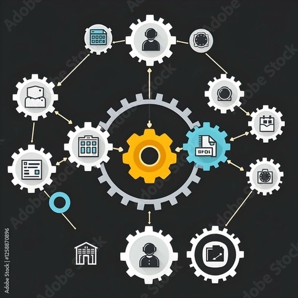 Fototapeta Interconnected Gears: A vibrant, minimalist infographic concept showcases interconnected cogs symbolizing collaboration, synergy, and efficient workflow.  The central gear is highlighted.