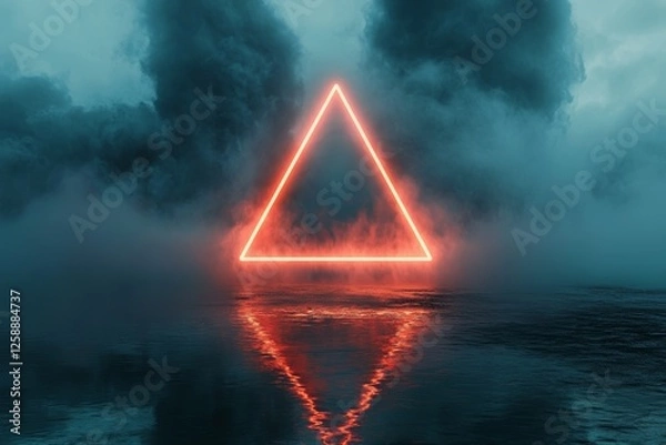 Fototapeta Glowing neon triangle in misty atmosphere with reflective water surface.