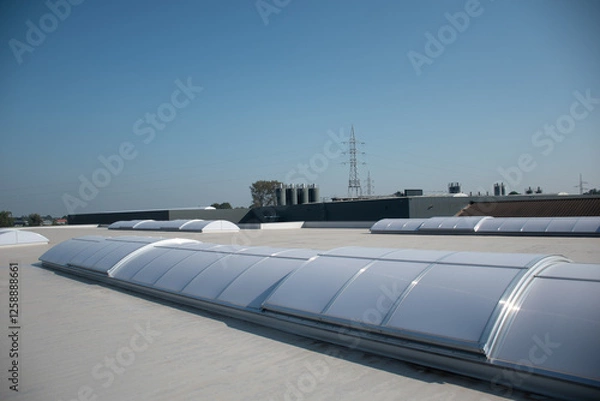 Obraz Kunststof koepel op plat dak van groot gebouw, plat dak met veel grote dakramen en modern industrieel gebouw