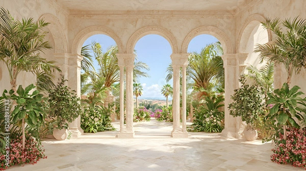 Fototapeta Tropical Oasis Archway view to palm trees and distant hills