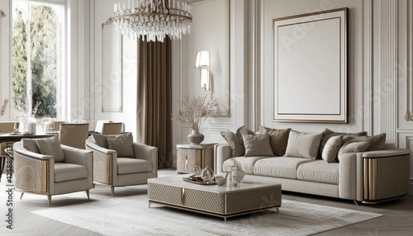 Fototapeta Elegant Beige Living Room With Gold Accents