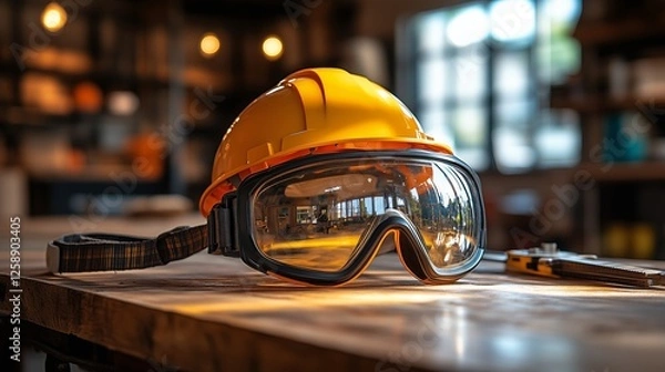 Fototapeta Safety gear resting on a wooden table in a well-lit construction setting