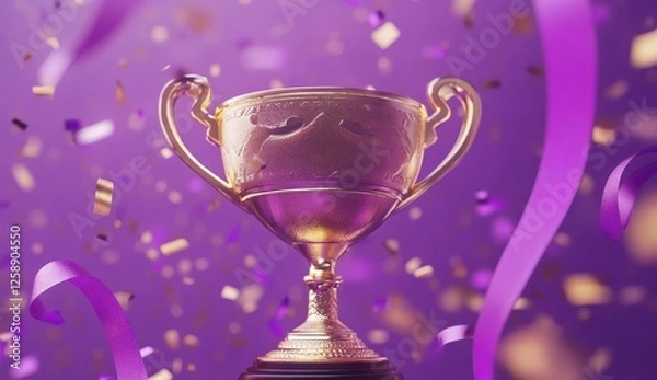 Fototapeta Golden Trophy Award With Purple Confetti And Ribbons