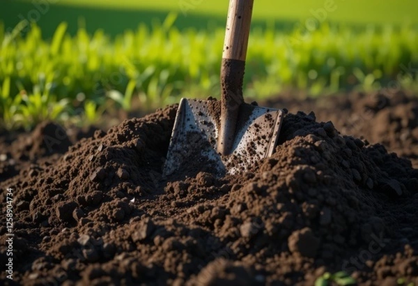 Fototapeta Shovel stuck in a mound of rich, dark soil with scattered dirt, set on a farm with sunlight casting long shadows and a lush green field in the background
Generative AI