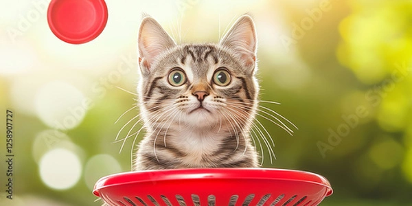 Fototapeta Adorable tabby kitten with wide eyes watching a red frisbee, playful expression, set against a bright green outdoor background, symbolizing curiosity, pets, fun, and energetic feline behavior in natur