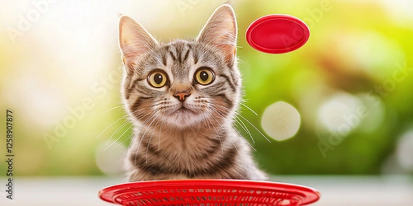 Fototapeta Adorable tabby kitten with wide eyes watching a red frisbee, playful expression, set against a bright green outdoor background, symbolizing curiosity, pets, fun, and energetic feline behavior in natur